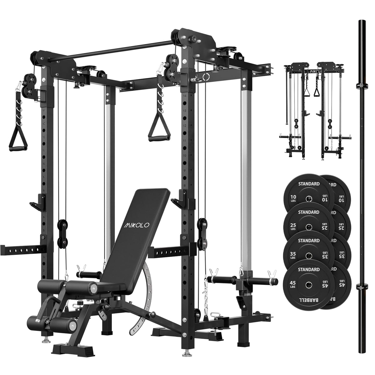 Mikolo Folding Squat Rack, Wall Mounted Power Rack with Cable Crossover Machine & LAT Pull Down, Functional Trainer with 5 Adjustable Function Modes, with Weights (Black)