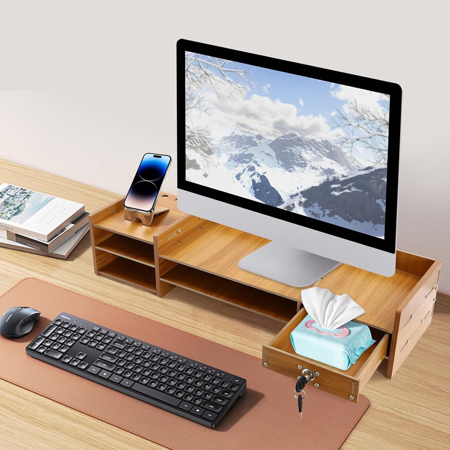 Computer Monitor Stand, Tabletop Computer Rack with Lockable Drawer, Wood Monitor Stand, Suitable for Study, Office