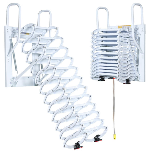 12 Steps Wall-Mounted Attic Ladder, Attic Pull Down System, Retractable Ladders for Loft, Metal Folding Attic Ladder Telescoping Steps, Pull Down Stairs for Attics Garages Roofs (White, 12 Step)