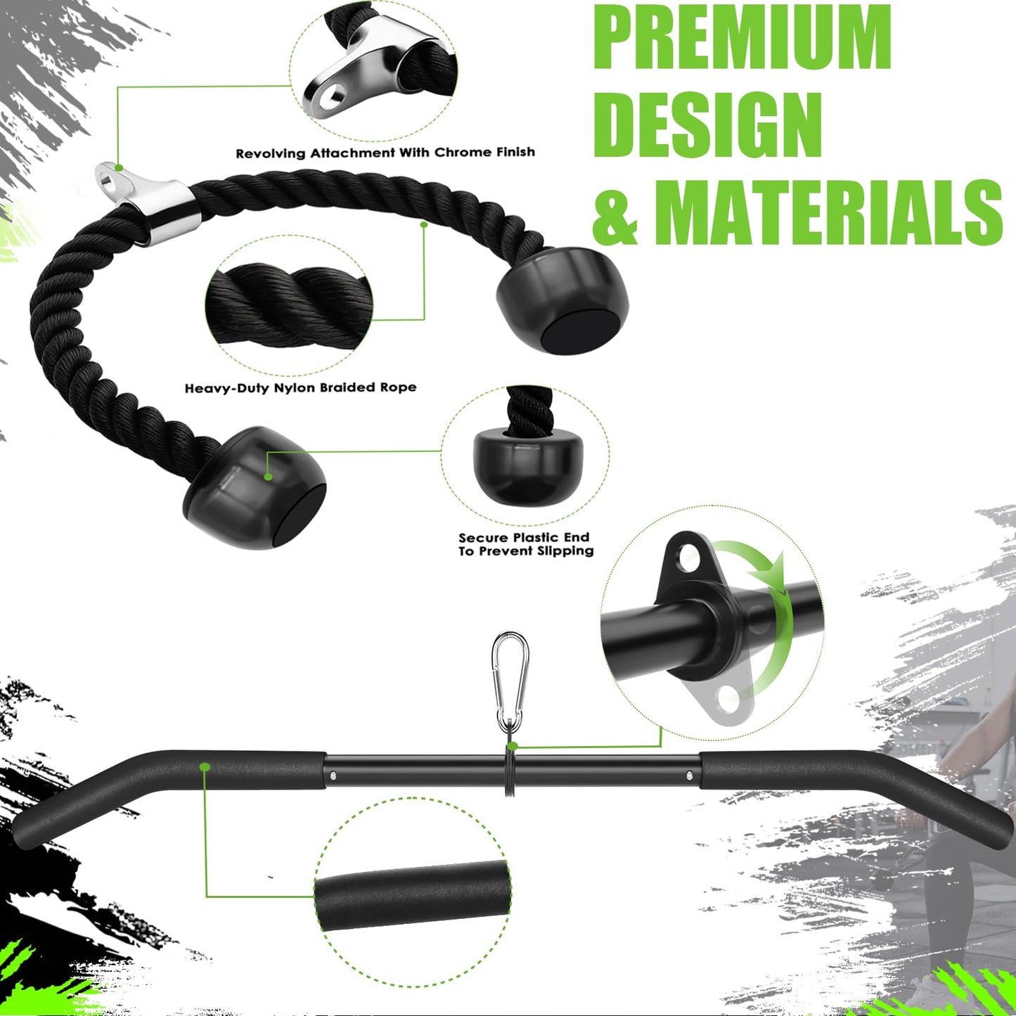 Cable Machine Attachment Set LAT Pulldown Attachments,Cable Machine Accessories for Home Gym Weight Workout Include LAT Pulldown Bar,Double D Bar, Tricep Rope,V Bar (Black-5 pcs)