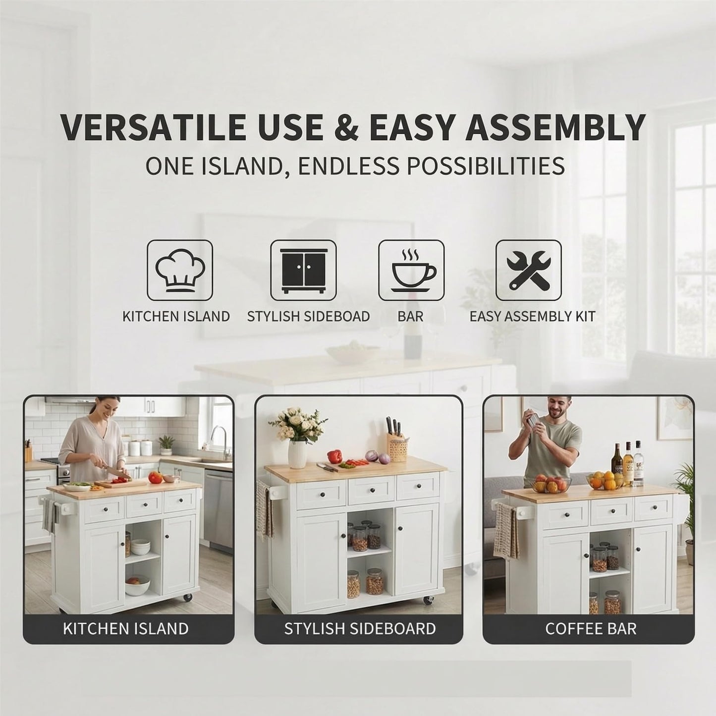 Waully 53'' Mobile Kitchen Island with Seating, Rolling Kitchen Island with Storage and Drop Leaf, 3 Drawers Islands Cart Rubberwood Top, 2 Open Shelves, Isla para Cocina, White + 2 StooIs