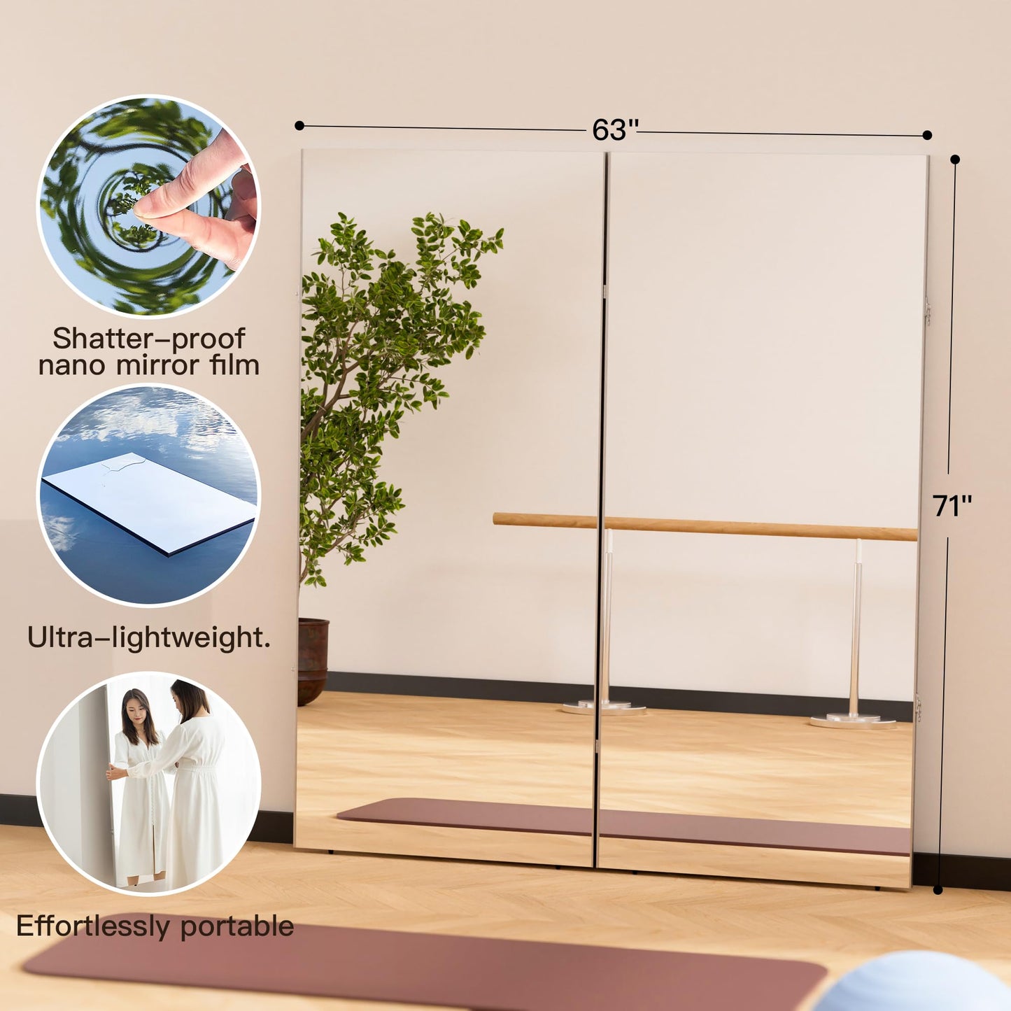 brisafe 71"x 63" Ultra-Light Foldable Floor Mirror with 360° Folding Design, Space-Saving Full-Length Mirror for Home Gym/Yoga/Dance Studio & Commercial Use, 60% Insurance Savings, Silver