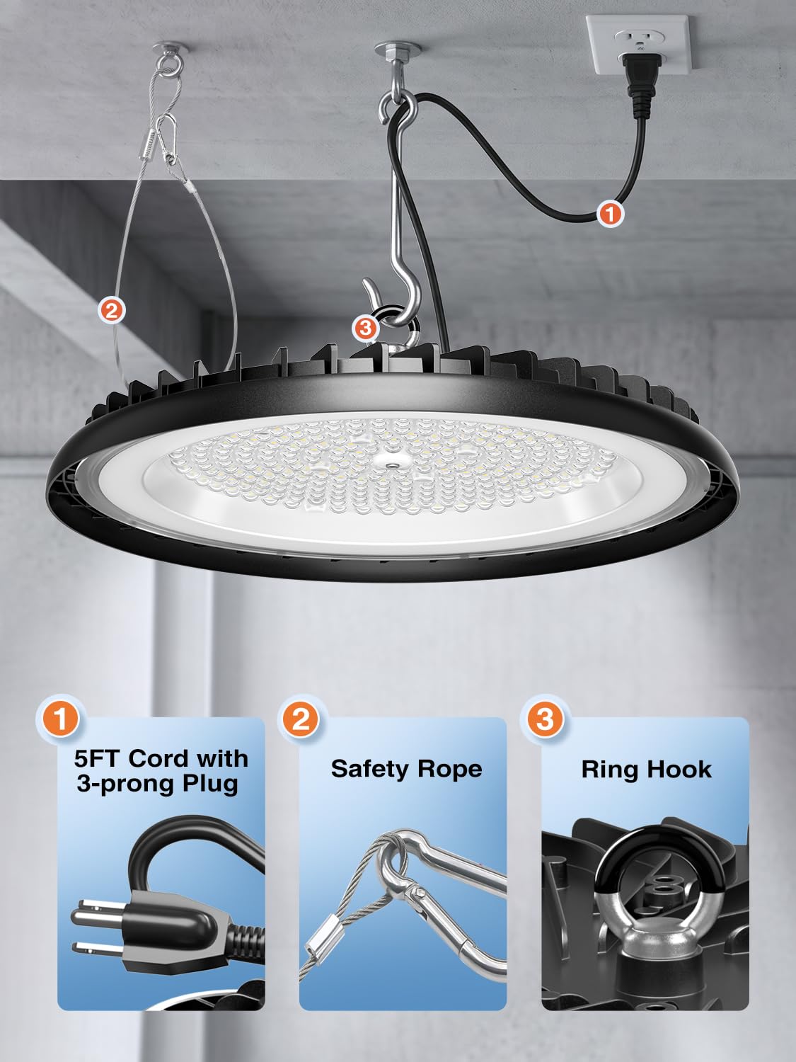 New Super Bright Ultra-Thin 200w High Bay Led Shop Lights| 30000LM 5000K UFO Led High Bay Light with 5ft Cable Hook Safe Rope| Shop&Garage Lighting Lights for Factory Workshop Warehouse Garage Barn