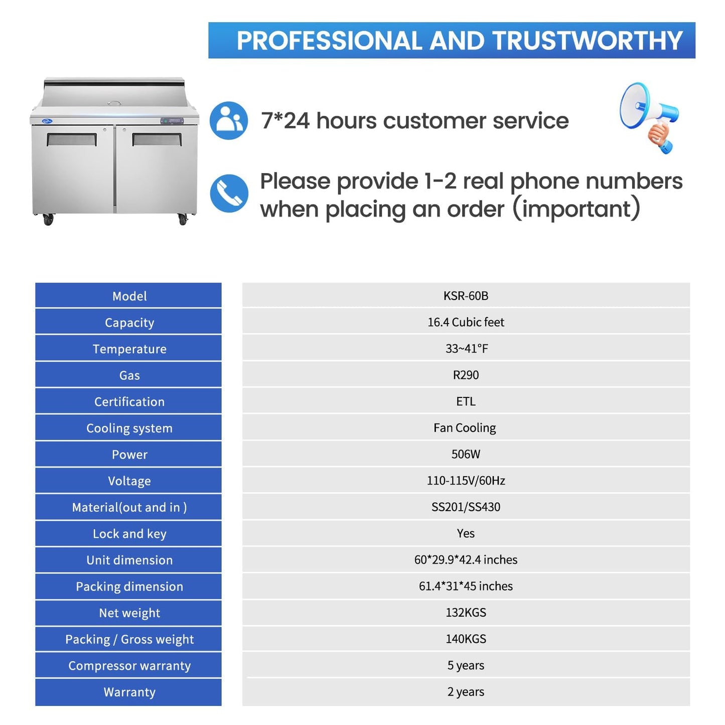 kalifon 60" W 2 Door Refrigerator Sandwich Salad Prep Table Commercial Stainless Steel Fan Cooling Refrigerator with Cutting Board, 2 Shelves & 24 Pans for Restaurant, Bar, Shop-16.4 Cu.ft
