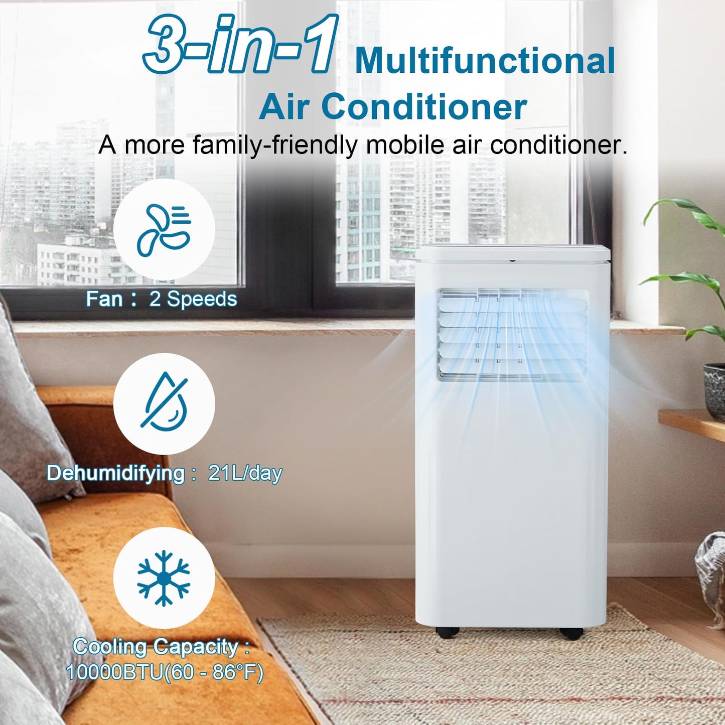 10000 BTU Portable Air Conditioners, Remote Control, 4-in-1 Quiet AC Unit, 3 Speeds, 24H Timer, Cools Room up to 450 Sq.Ft, Multi-Function Modes, Smart Control Panel