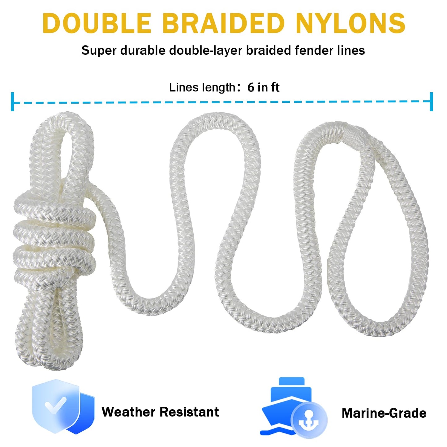 2 Pack 3/8'' x 6' Boat Fender Lines for Mooring, Docking Ties & Small Boat,Premium Marine- Grade Double Braided Nylon Boat Rope with a 5" Eyelet,Anti-Wear & Weather-Resistant-White