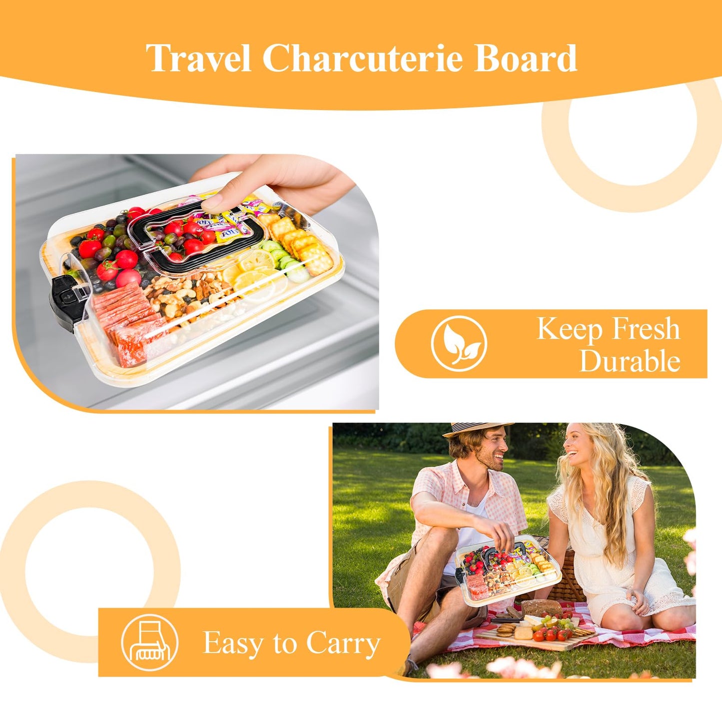 Charcuterie Board with Clear Locking Lid, Travel Portable Cheese Board Set, Bamboo Cutting Boards for Kitchen, House Warming Gifts New Home, Gifts for Women (Black - 6 Compartments)