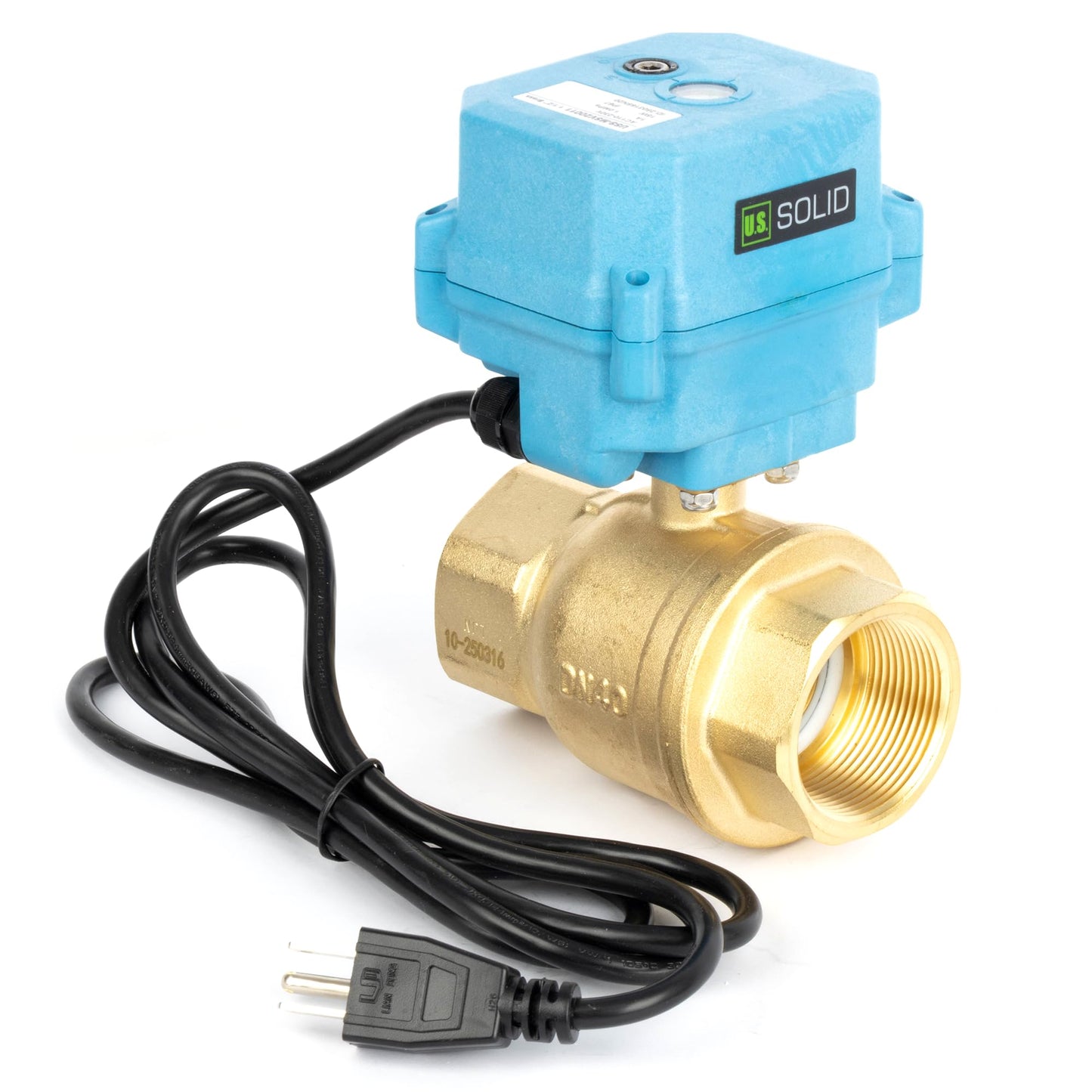 U.S. Solid 1-1/2" Motorized Ball Valve with US Plug 110VAC Brass Electrical Ball Valve, IP67, Manual Override, Direction Display Auto Return, Normally Closed, IP67