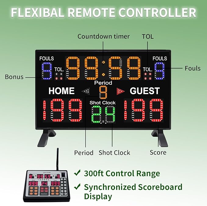 Basketball Digital Scoreboard with Remote,Battery Powered Portable Tabletop Electronic Scoreboard with 75dB Buzzer,Countdown Timer & Score for Games