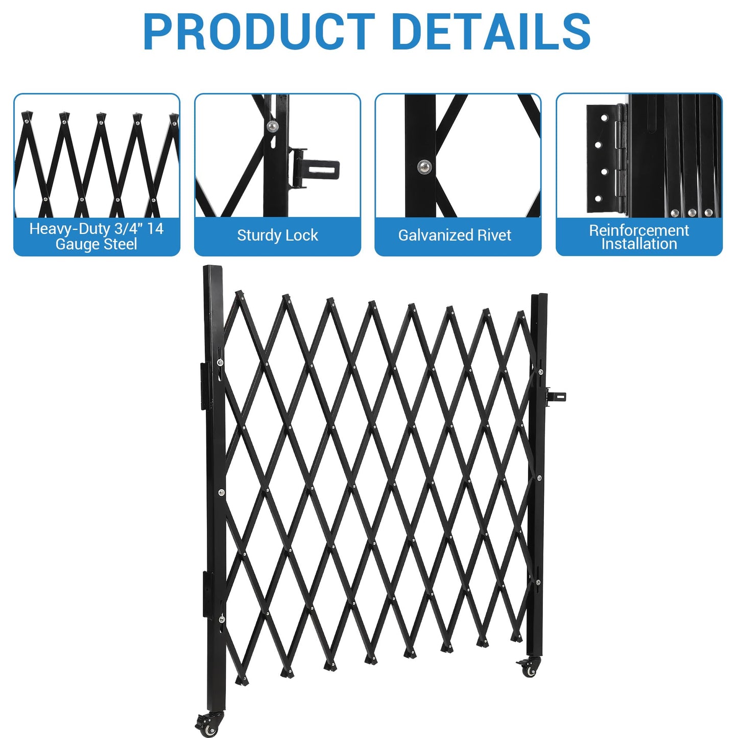Folding Security Fence Gate with Wheels-50"Hx75"W Heavy Duty Industrial Retractable Scissor Gate Barricade,Steel Expandable Barricade Gates for Fence,Yard and Driveway