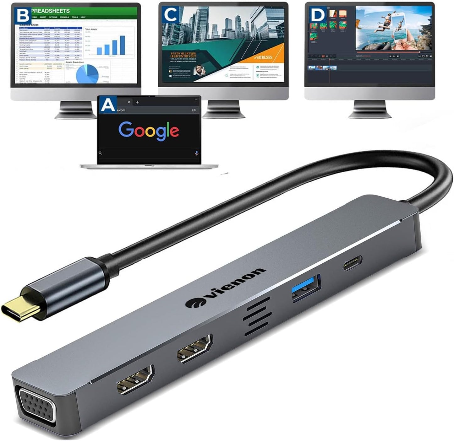 vienon 5-in-1 4K HDMI+1080P 3.0+PD 100W USB C Hub HDMI VGA Adapter for Triple Monitor, Laptop Docking Station with Dual