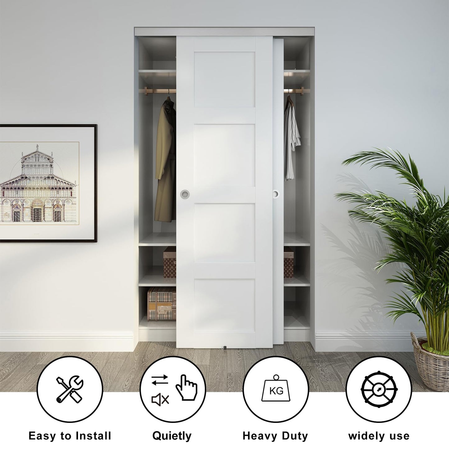 JUBEST Bypass Sliding Door Hardware 48", Aluminum Bypass Wardrobe Closet Door Hardware Set with 88LBS Two-Way Soft Close Mechanism, Smoothly and Quietly, for 2 Door System, Easy to Install
