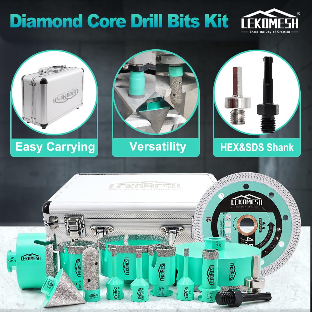 LEKOMESH Tile Hole Saw Kit for Porcelain Tile-(6/6/8/20/35/50/75/100/125mm+Finger Bit+Chamfer Bit+Adapter+Tile Blade) Diamond Tile Drill Bits Precision Cutting for Ceramic Marble,5/8"-11 Thread