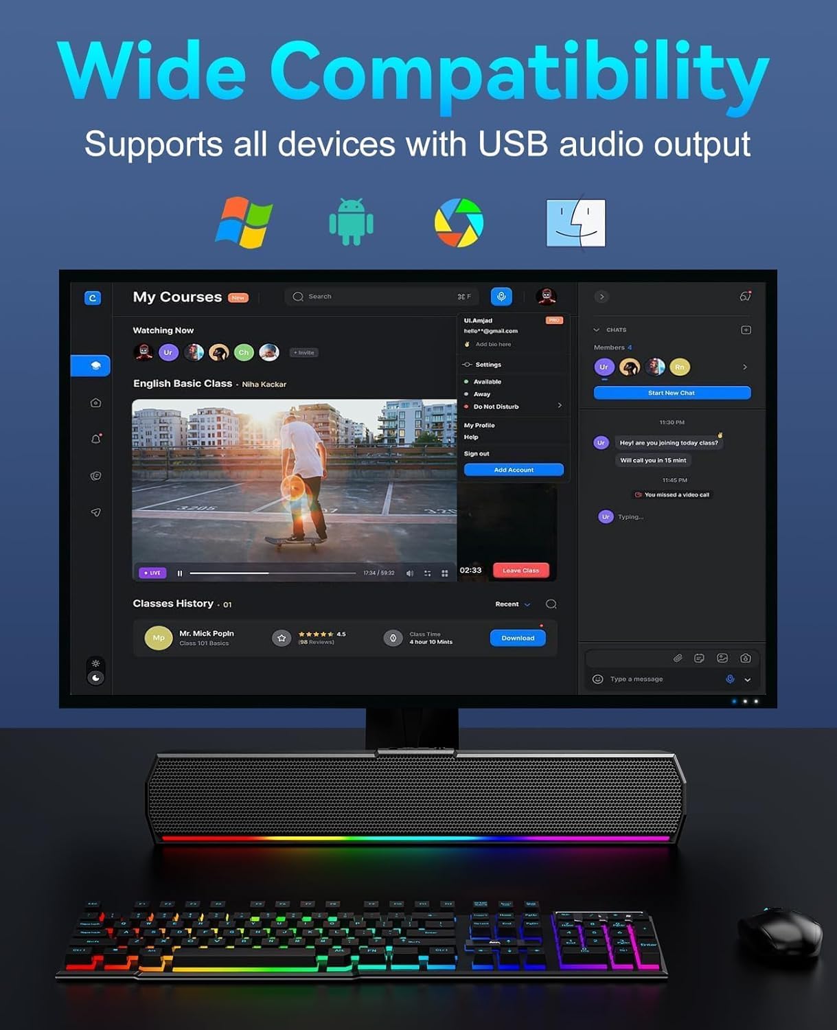 Kunodi USB Computer Speakers for Desktop Monitor, PC Speakers with Stereo Sound, Colorful Light Modes, Plug & Play, USB