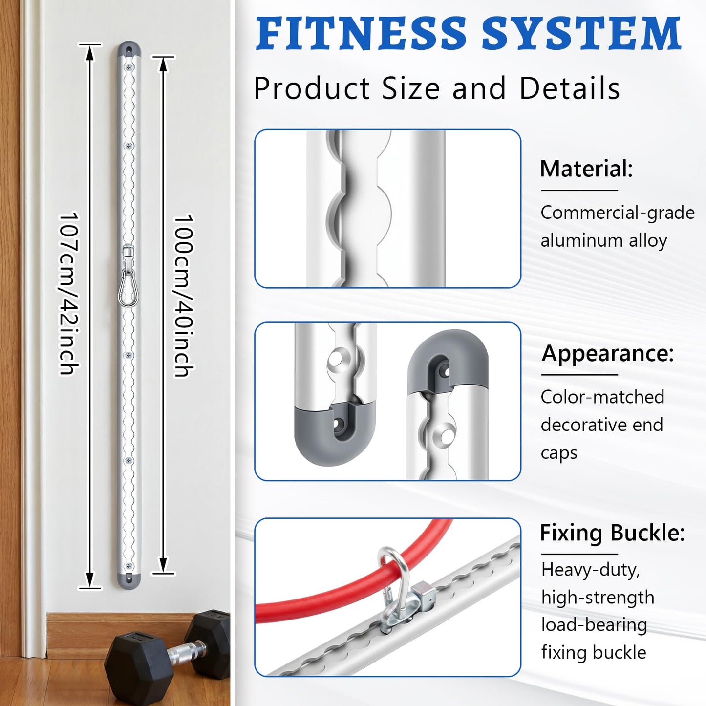 Zonon Adjustable Aluminum Wall-Mounted Anchored Fitness System Includes Two 40-inch Rails, Supports Over 600 Lbs, Features Locking Clips, Space-Saving for Exercise Bands Home Workouts