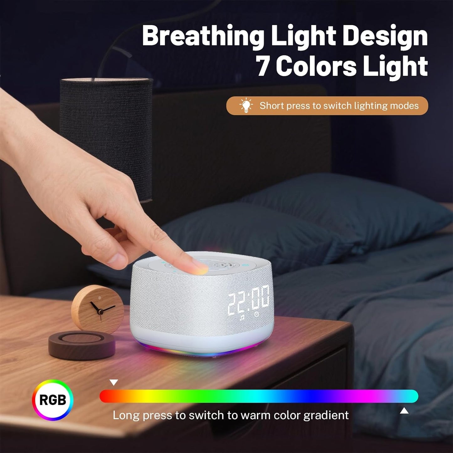 5.4, 14 1000mAh Sound Machine & Clock with Bluetooth Soothing White Noise Sounds, Night Light, Sleep Timer, Portable