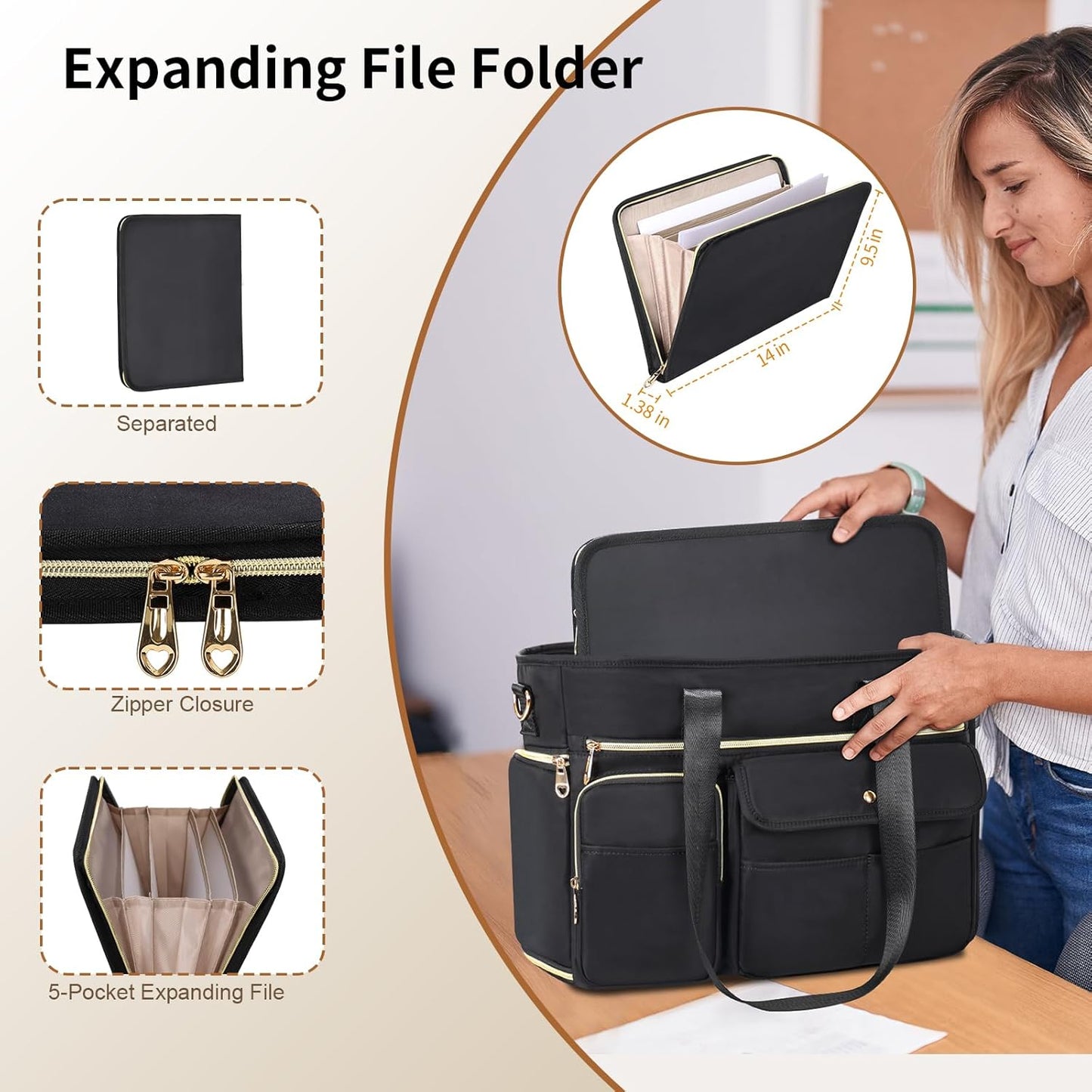 ESTARER 2Pcs, 15.6'' Women Teacher Tote Bag Laptop Work Bag Computer bag with Expandable File Folder, Large