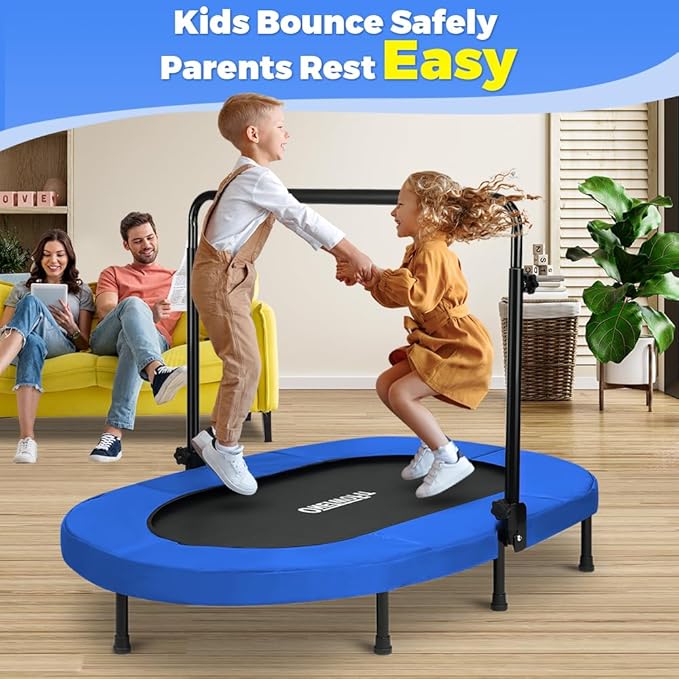 ONETWOFIT Kids Indoor Trampoline, 56" Foldable Mini Trampoline Rebounder with 5 Level Adjustable Handle Bar for 2 Childen Jumping Max Load 250 Lbs