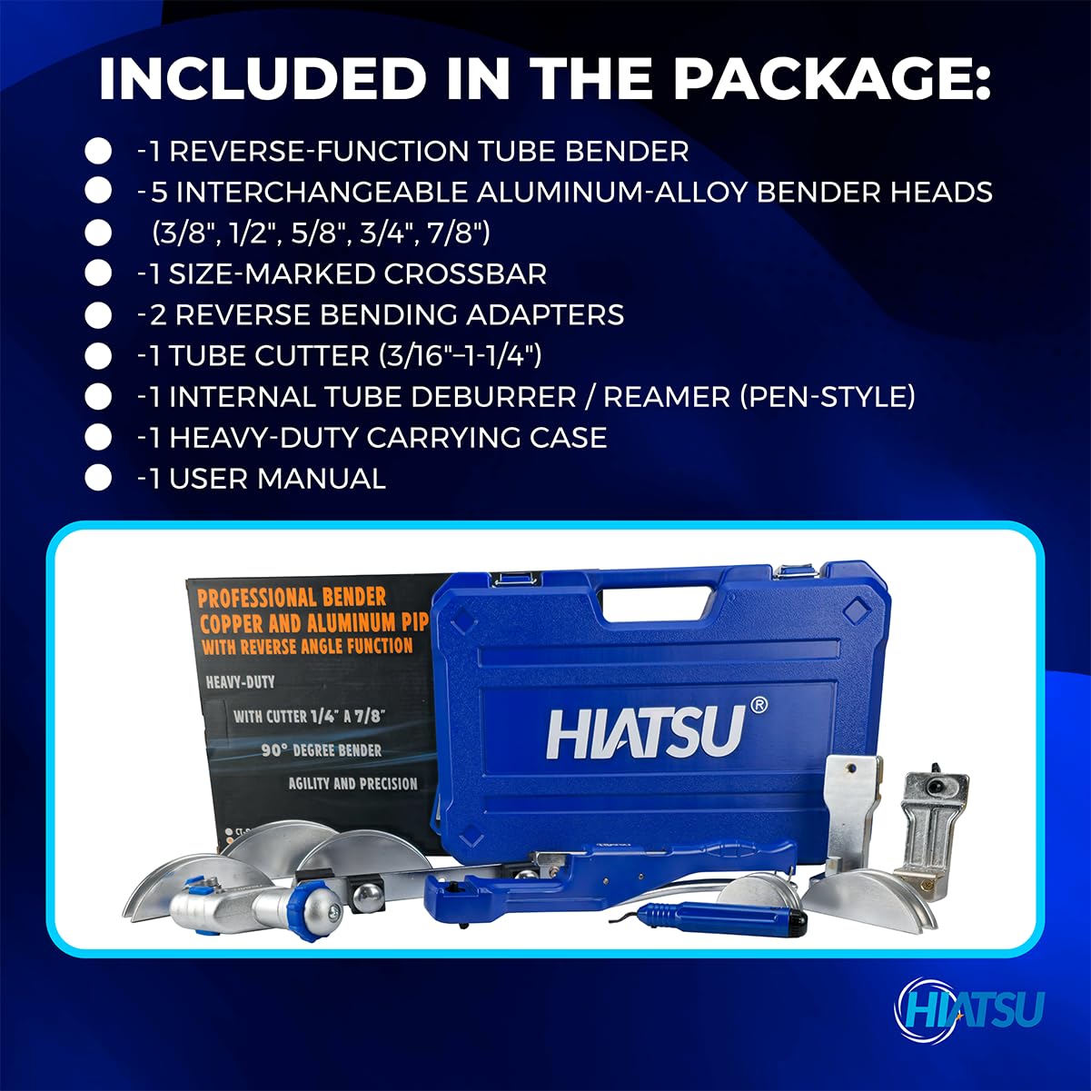 Hiatsu Reversible Tube Bender Kit for Copper & Aluminum, 3/8”–7/8”, Professional HVAC Hand Tool Set with Cutter, Deburrer and Carrying Case