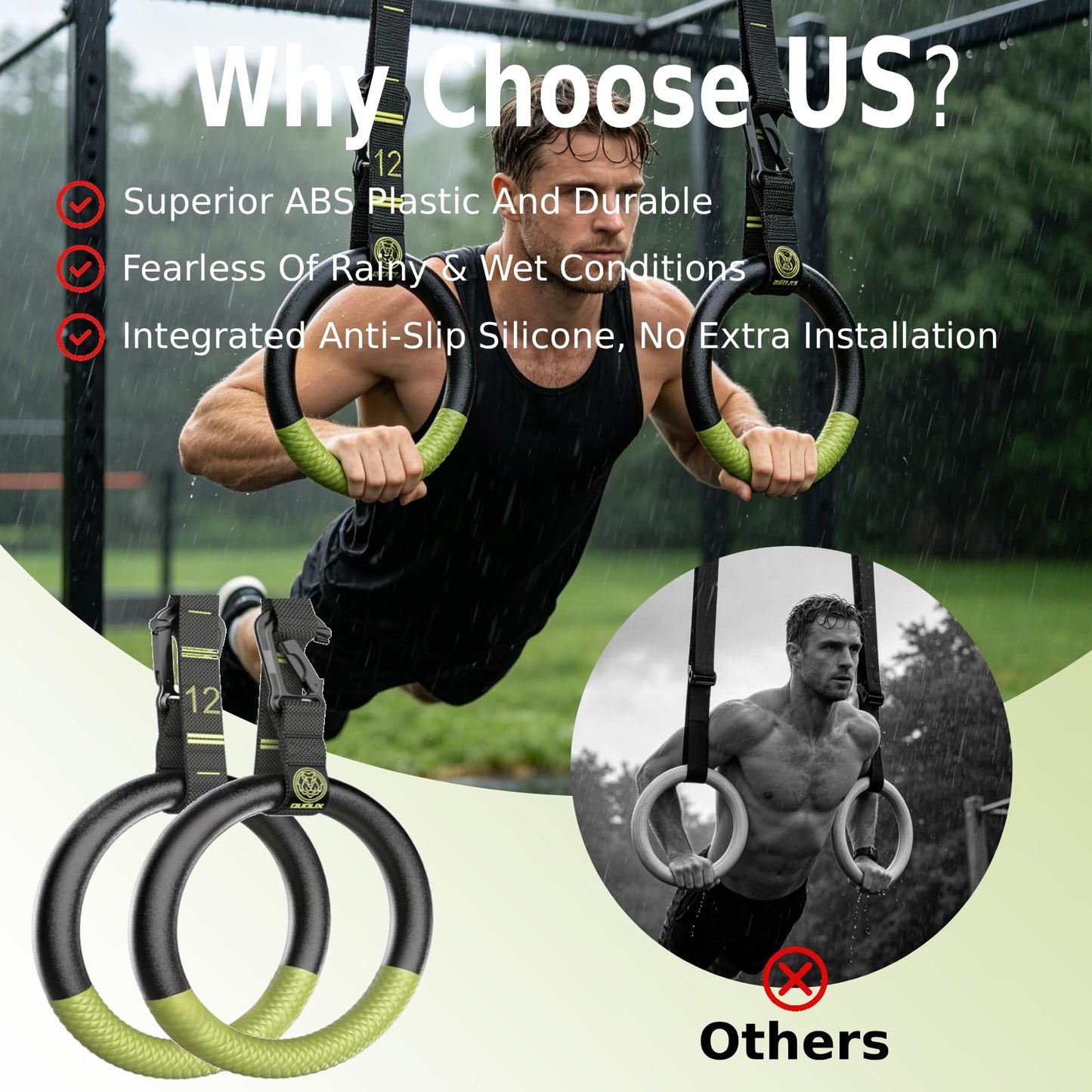 QUOLIX Gymnastic Rings & Olympic Rings with Adjustable Straps, Non-Slip Pull Up Rings with Straps, 1300lbs Exercise Rings for Home, Gymnastics Rings for Home Gym, Workout, Exercise, Calisthenic