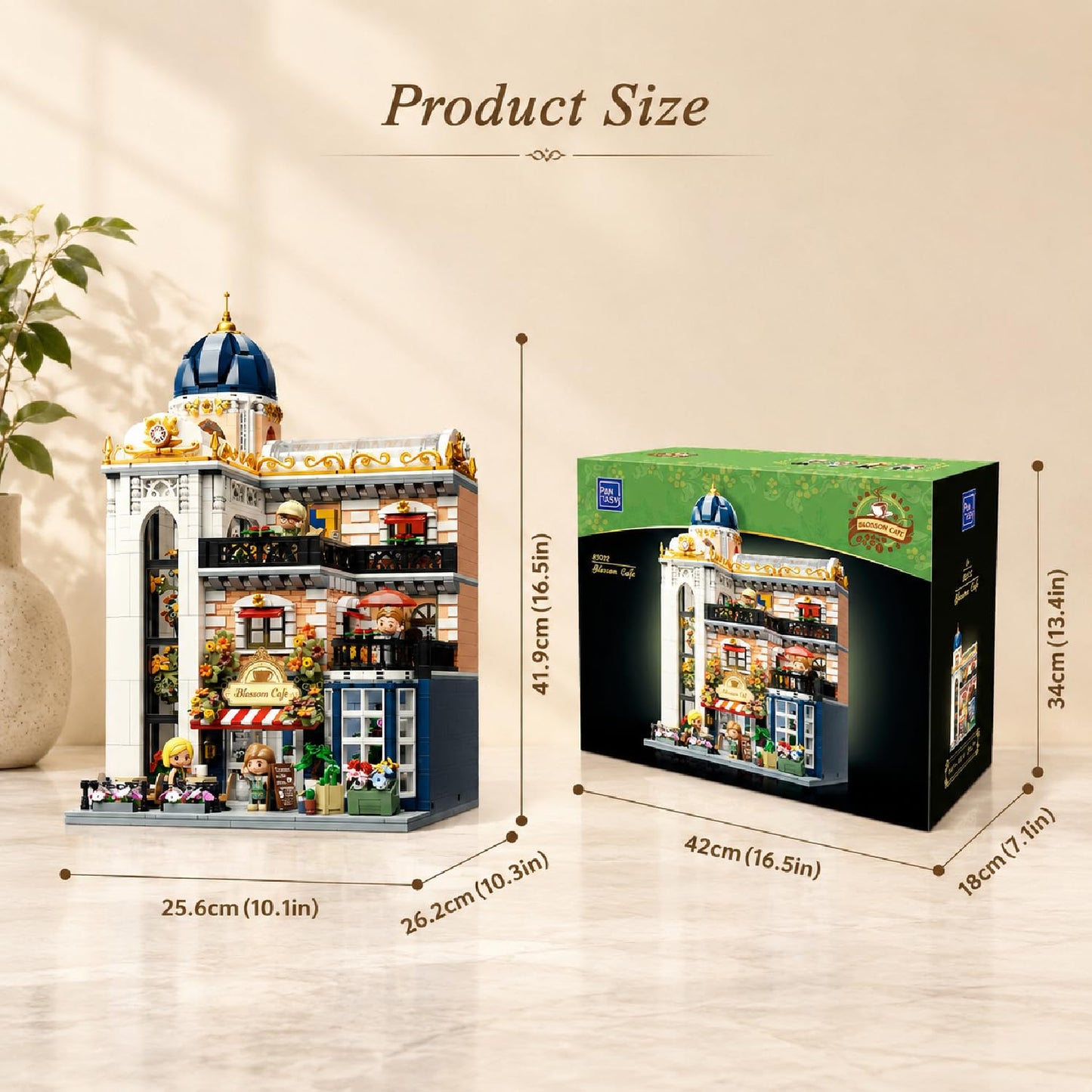 PANTASY Blossom Café Modular Building Set, 3-Story European Glasshouse Landmark with Café, Art Gallery & Floral Atrium, Openable Glass Door Design, Collectible Architecture Model Kit for Adults