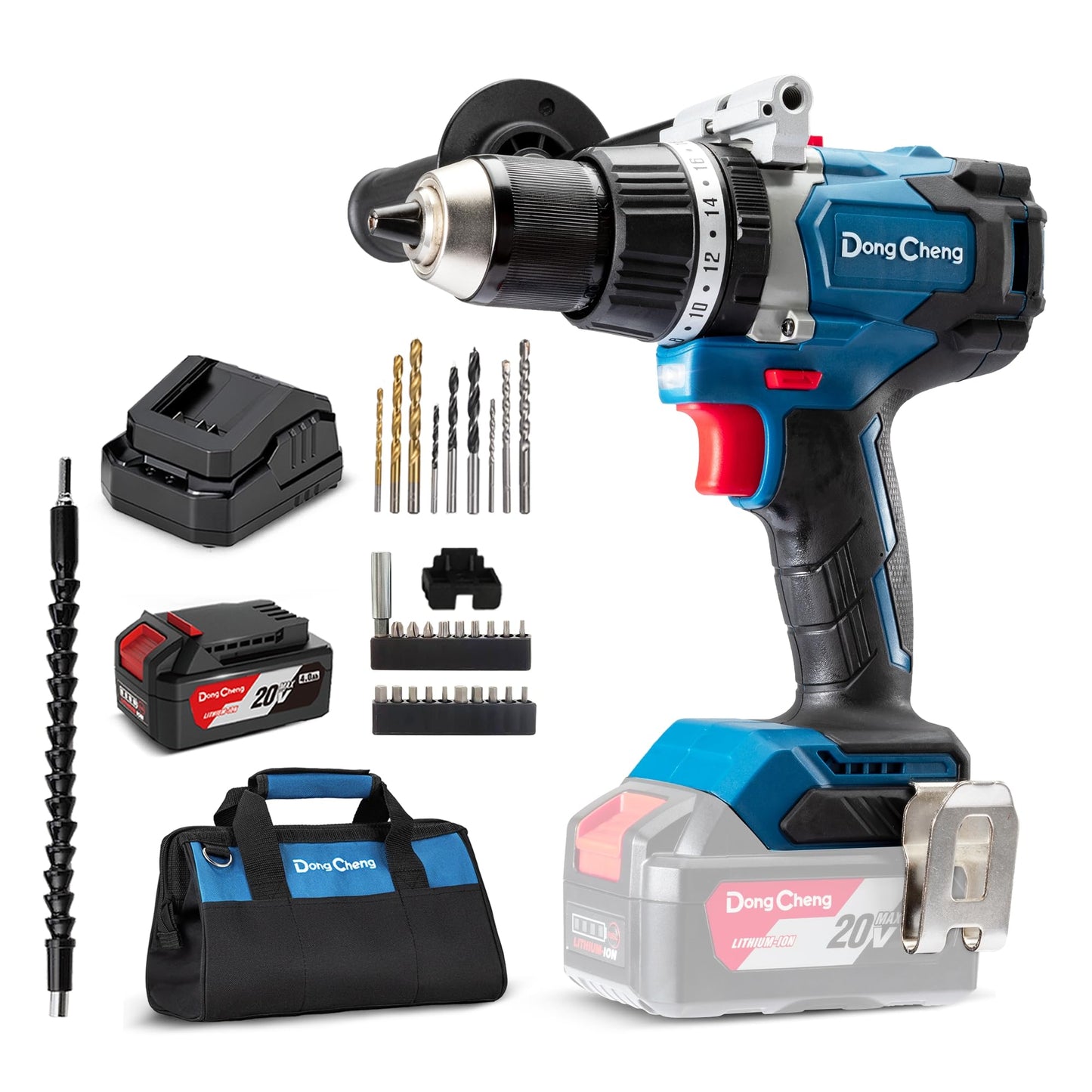 Dong Cheng 20V Brushless Hammer Drill, 1062 in-lbs, 1/2" Keyless Metal Chuck, 24+1+1 Clutch, Cordless Hammer Drill with 4.0Ah Battery Kit for Drilling Brick Wall, Metal, Wood