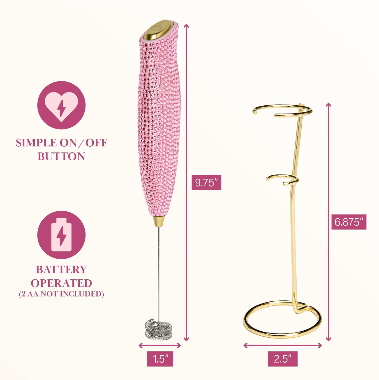 Paris Hilton Electric Rhinestone Handheld Milk Frother with Double Coil Head Whisk and Gold Metal Stand, Battery Powered (2 AA Batteries Required but Not Included), Pink