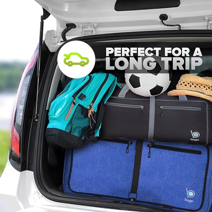 Bago Large Foldable Duffel Bags for Traveling Women & Men - 100L Packable Duffle Bag for Travel with Shoe Compartment - Water Repellant, Heavy Duty, Lightweight Folding & Collapsible (SnowDepBlue)