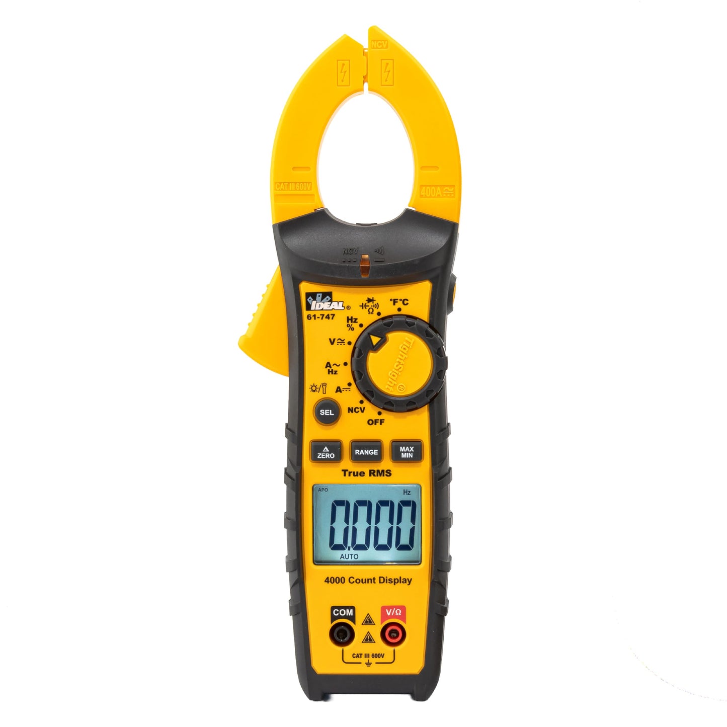 IDEAL Electrical 61-747 TightSight 400 Amp 600-Volt Digital Truerms AC/DC Clamp Meter, CAT III 600V, Dual Backlit Displays, Flashlight, NCV 40–600V, Temp, Continuity, Capacitance, Diodes, Probe Holder