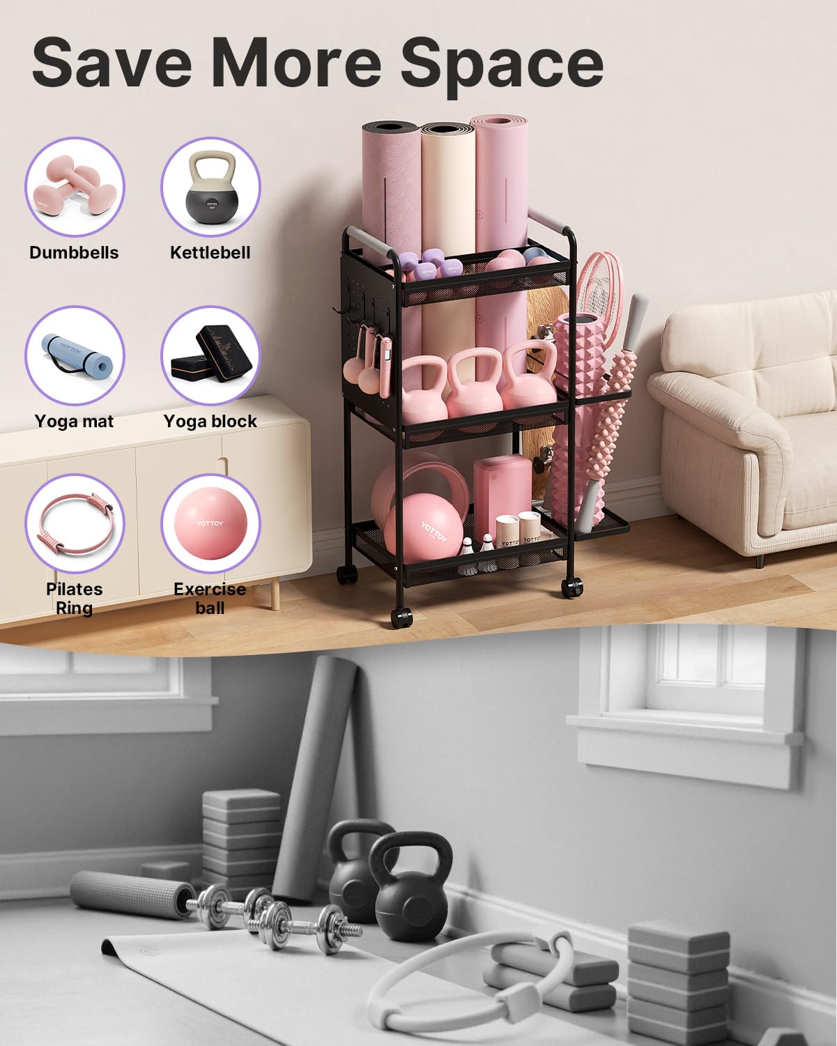 YOTTOY 3-Tier Gym Storage Rack for Home Gym–Multi-Functional Weight Rack, Dumbbell Rack, Yoga Mat Holder with Side Basket & 6 Hooks, Gym Equipment Organizer (Black)
