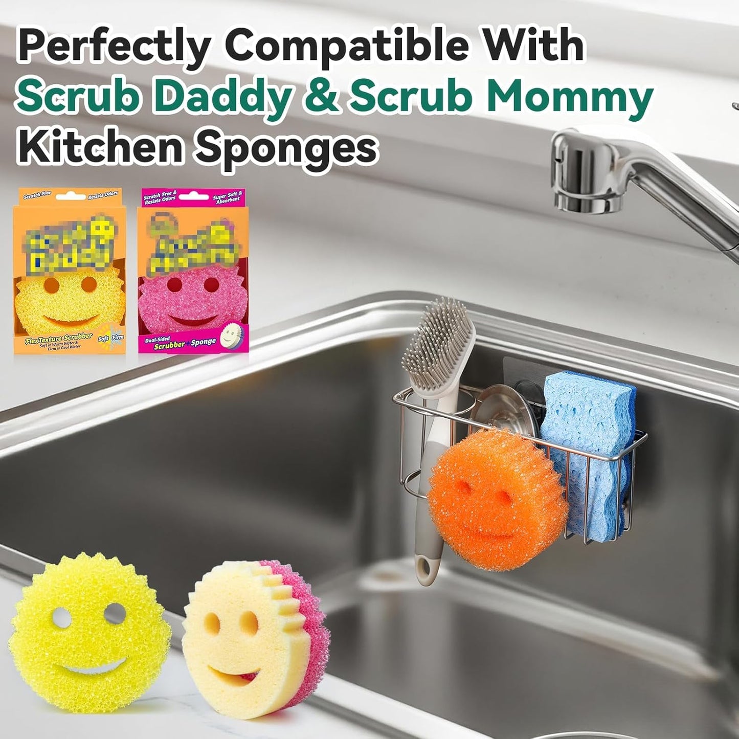 Scrub Daddy 3-IN-1 Multiuse Sponge Holder - Kitchen Sink Organizer with Suction Cups & Adhesive Hook