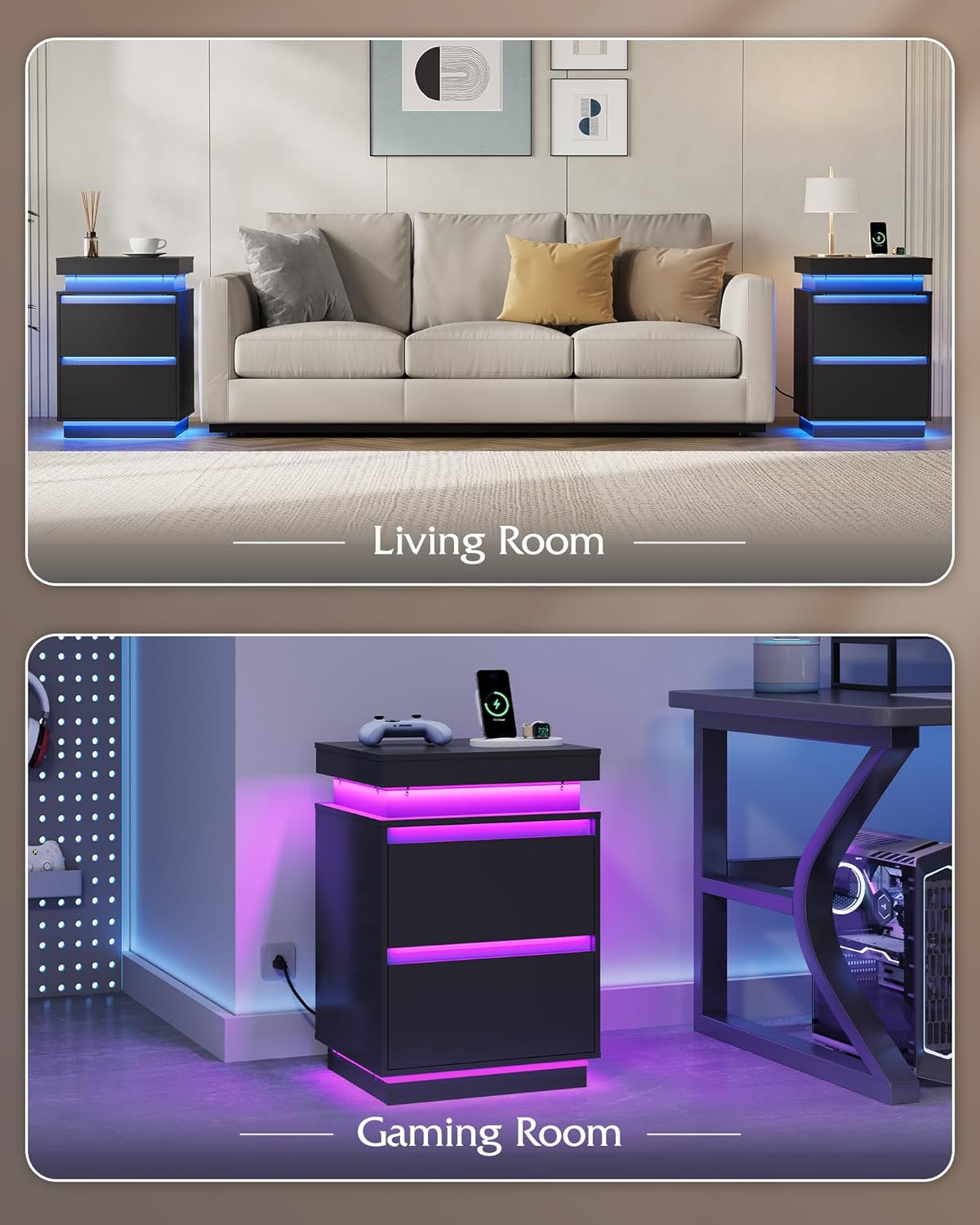WLIVE Tall Black Nightstand - Modern Bedside Table with LED Lights & Charging Station | 2 Wooden Drawers
