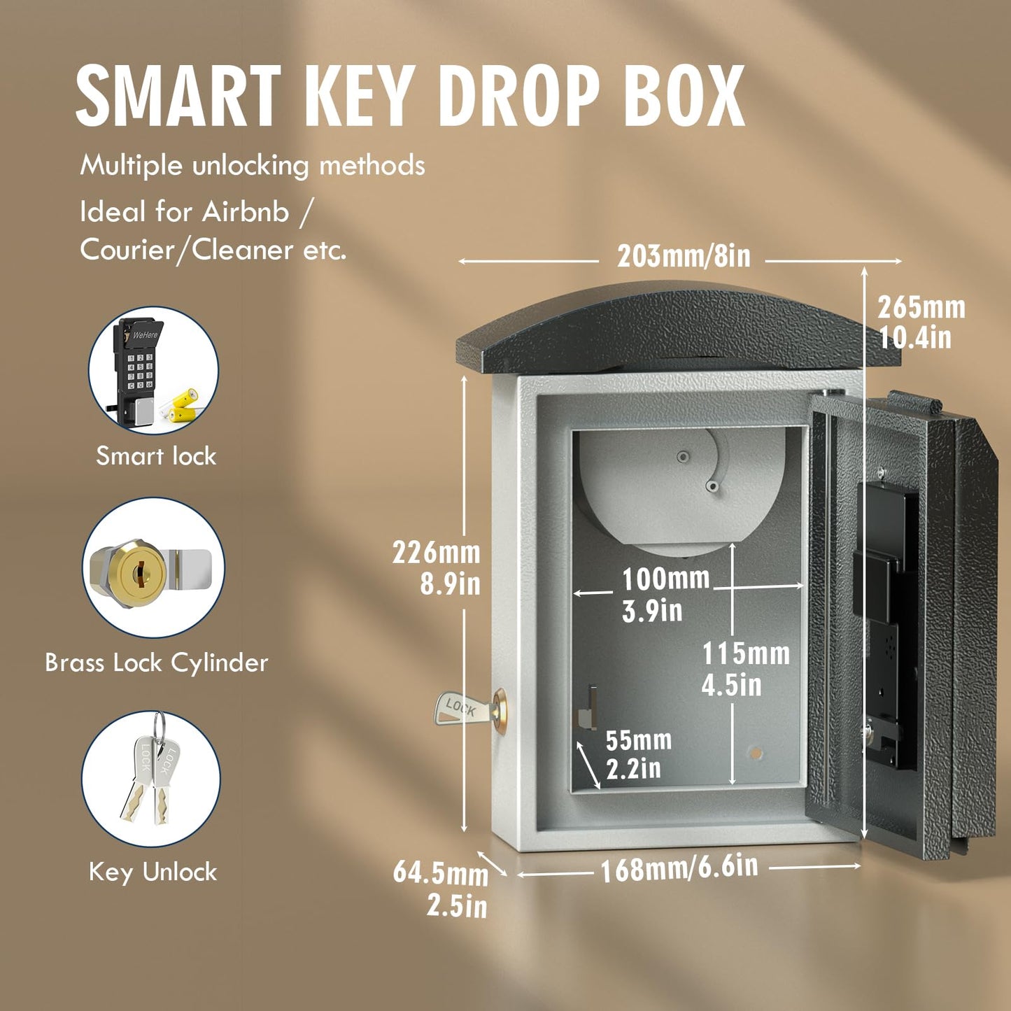 WeHere Key Lock Box Wall Mount, Smart Digital Lockbox with Key Drop Slot, Multi-Point Latch, OTP/Bluetooth/Wi-Fi Access,Key Safe Security Storage for House Outside, Realty Business, Apartment, Store