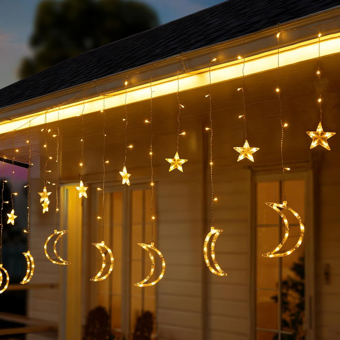 TW SHINE Star & Moon Curtain String Lights - 138 LED, 8.2 FT, Waterproof with 8 Modes & Timer for Ramadan Decor