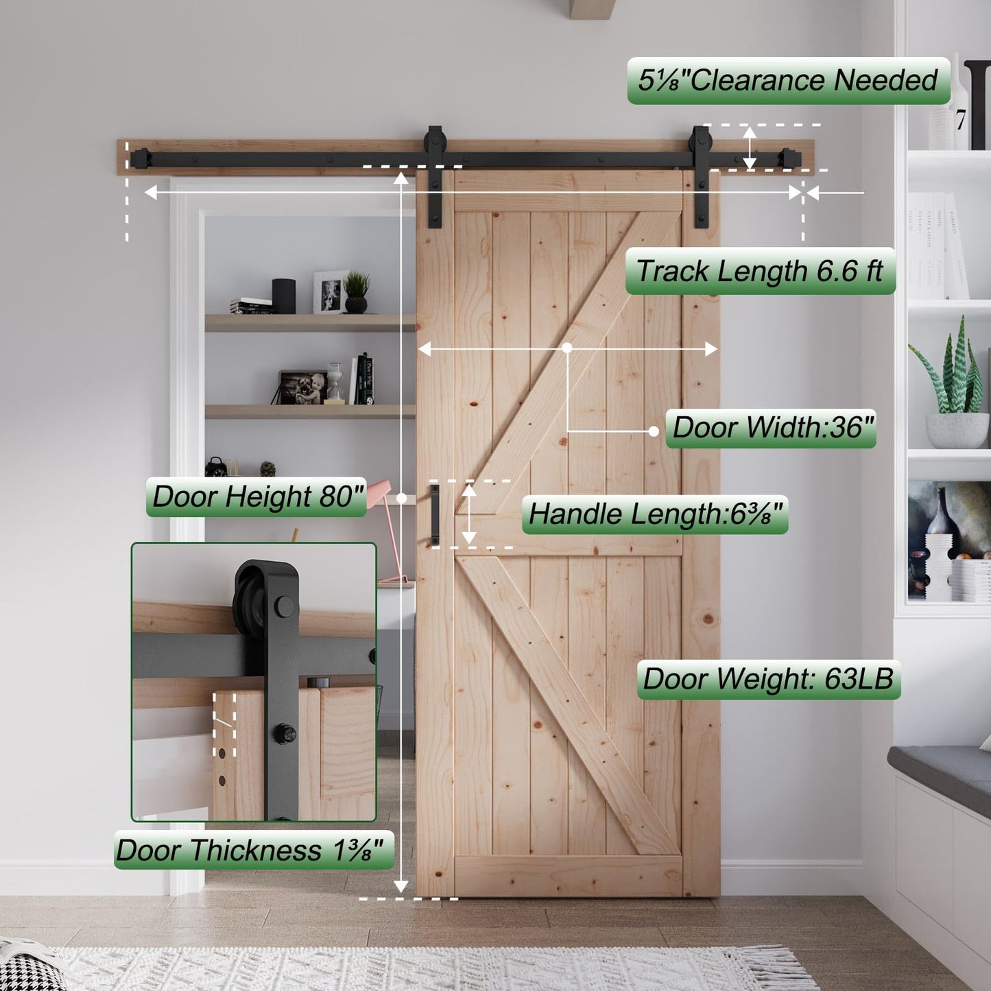 FREDBECK 36in x 80in Wood Barn Door with 6.6FT Barn Door Hardware Kit Included K Shape Solid Spruce Panel Need to Assembly