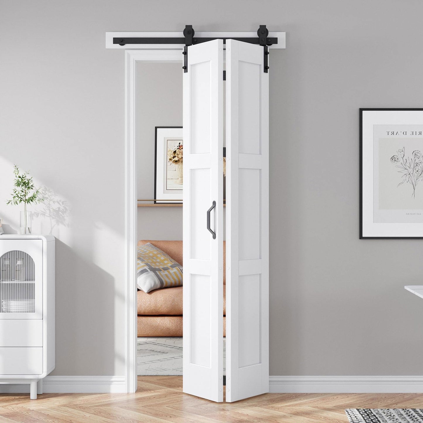 FREDBECK 32X84(Double 16x84) White Bifold Barn Door Sliding Folding Doors with 36" Hardware Track Kit Included,Solid MDF with Water-Proof PVC Surface for Closet,Assembly Required