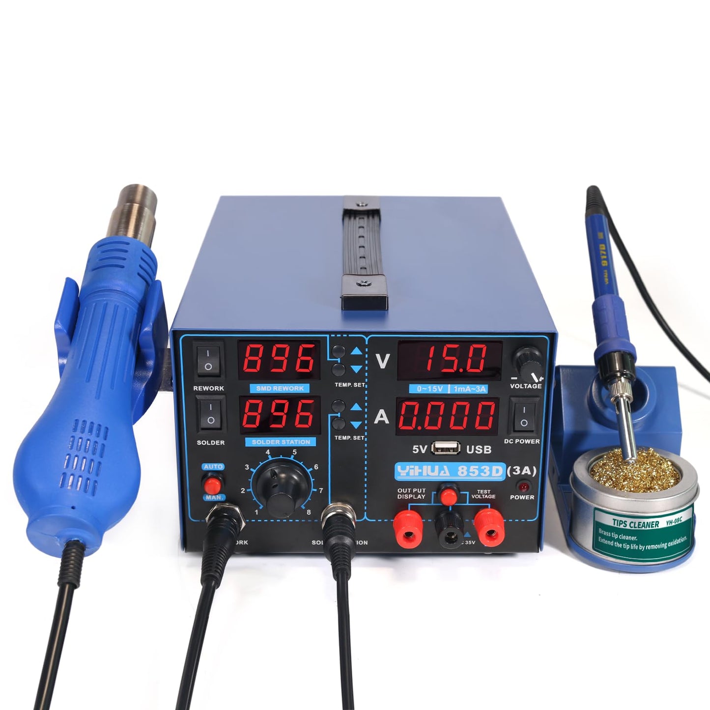 YIHUA 853D USB 3A-Three Tools- Soldering Station, Hot Air Rework Station and Power Supply 0~3A, 0-15V with output and test modes. Also ºC/°F display, Digital Cal, Sleep Function