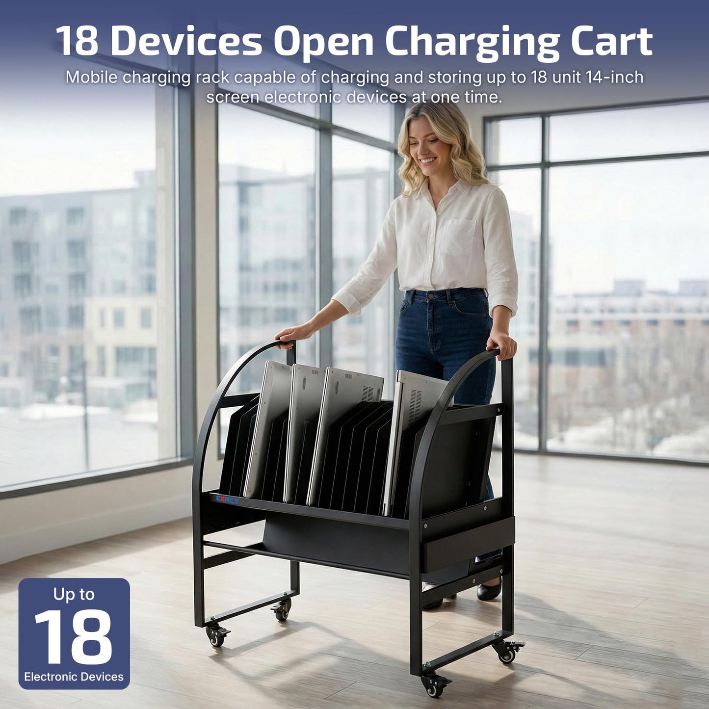 CXRCY 18-Device Mobile Open School Charging Cart Station for Ipads, Chromebooks | Open Design with Dividers| Portable Charging Stand| Devices up to 14" | for Schools, Offices, Training institutions