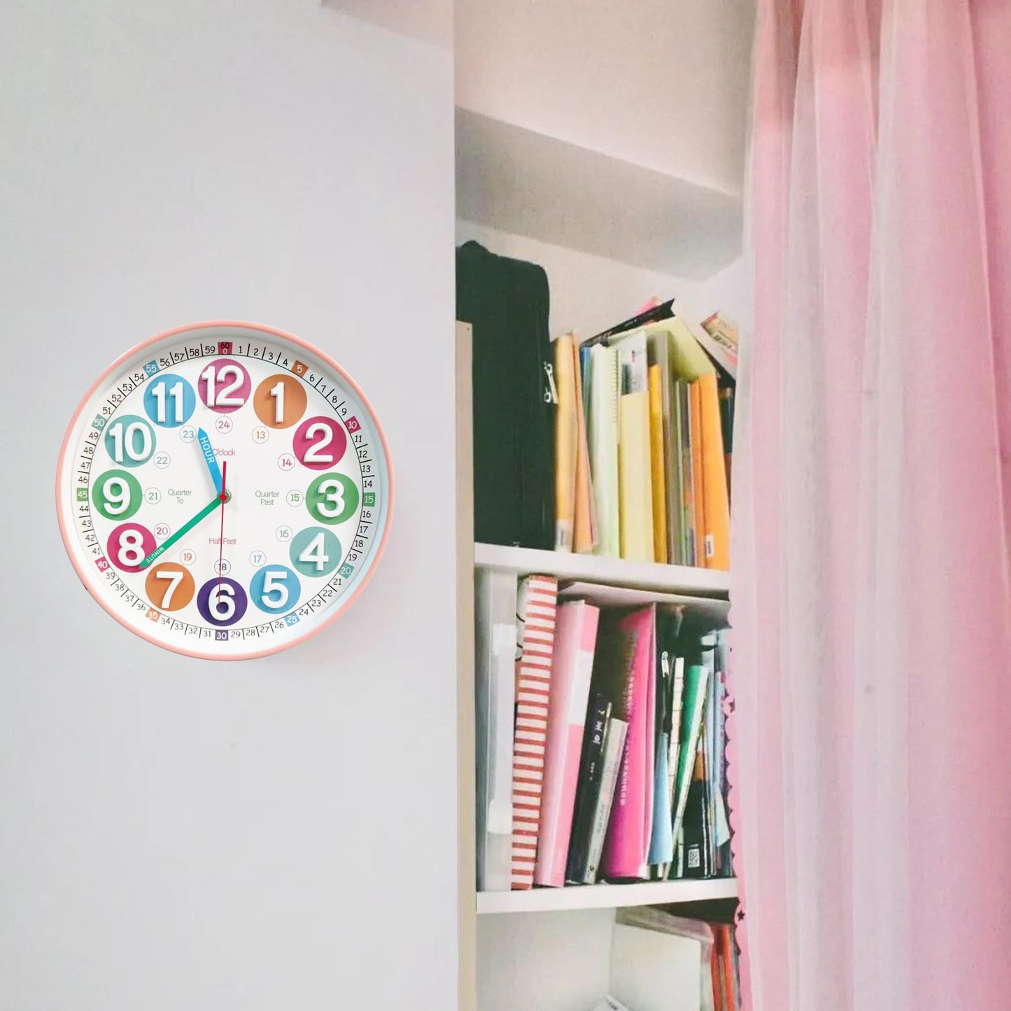 SYOYUEX Learning Time Clock for Kids, 12 Inch 3D Peach Pink Classic Silent Wall Clock, Bedroom, Kitchen, Classroom, Decor at School, Clear Digital Clock for Kids Room