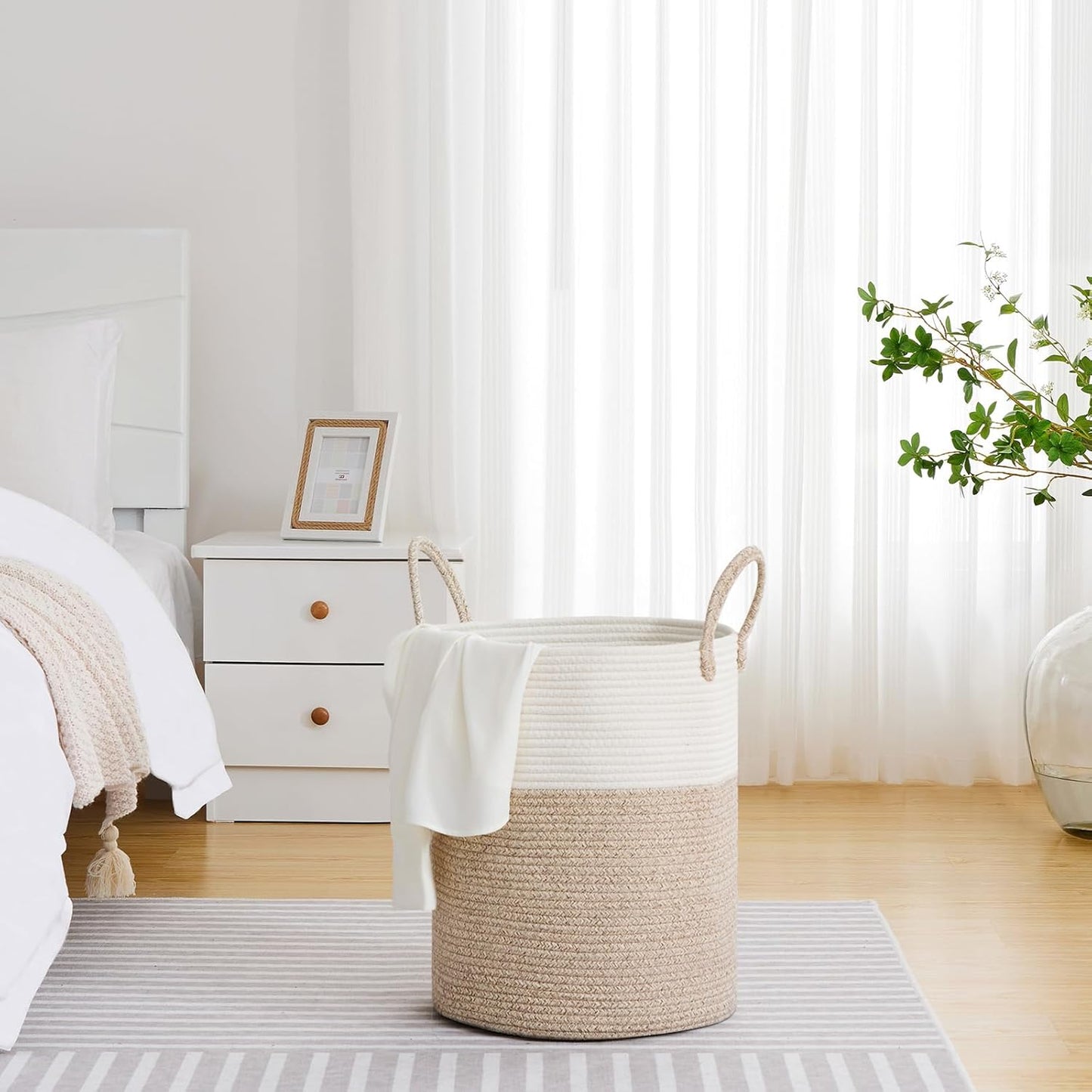 VIPOSCO Large Laundry Hamper - Tall Woven Rope Storage Basket for Blankets, Toys & Clothes | 53L White & Brown