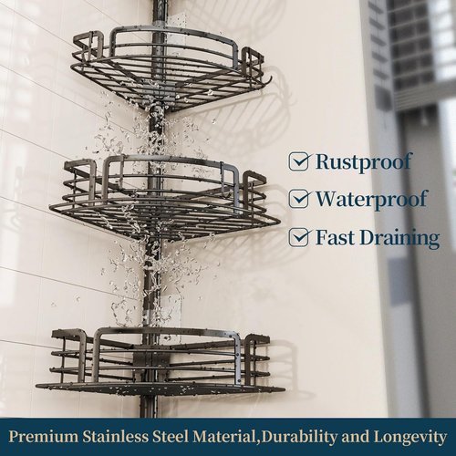 Consumest Corner Shower Caddy Tension Pole - Rustproof Adjustable Bath Organizer with Towel Bar & Soap Holder, 27.6-108.3 Inch, Black