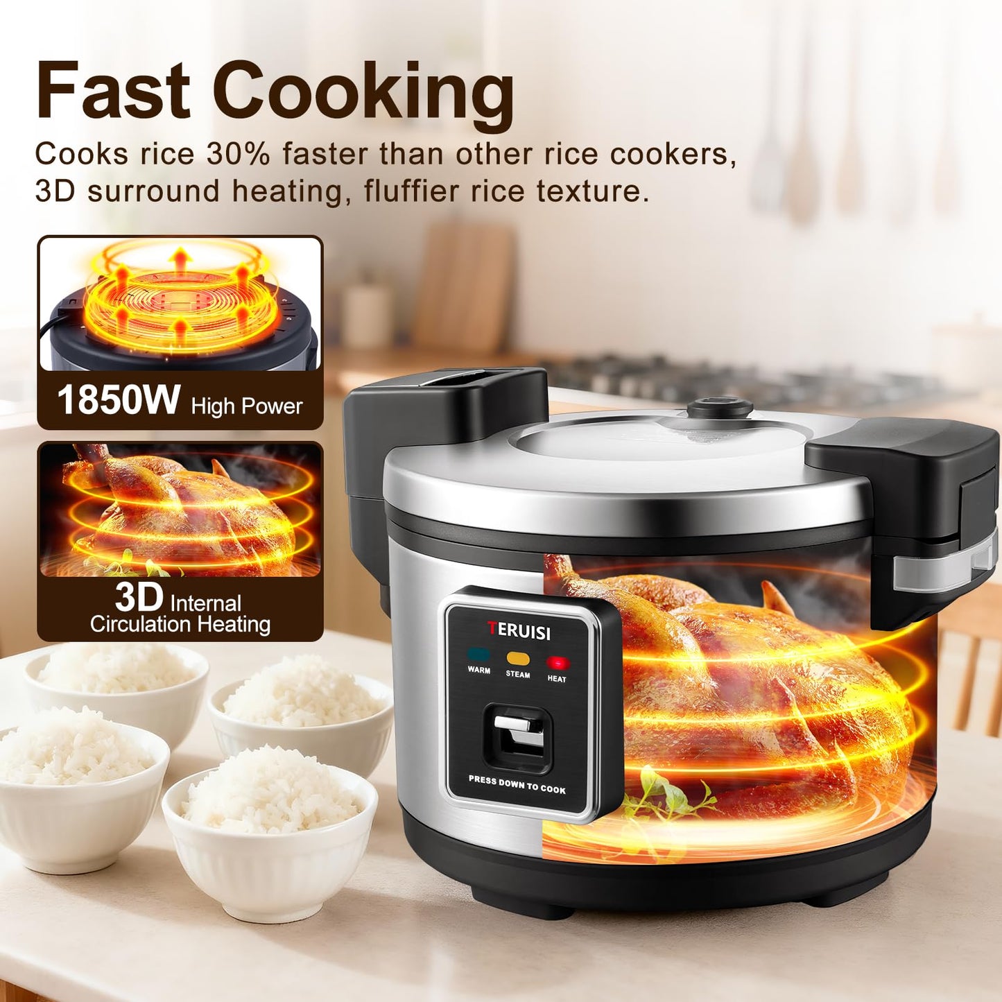 TERUISI Commercial Rice Cooker, 10L/10.6QT Large Rice Cooker & Rice Warmer 50 CUPS Cooked Rice, Fast Cooking Electric Cooker with Auto Keep Warm, Non-stick Inner Pot for 10-20 People Use
