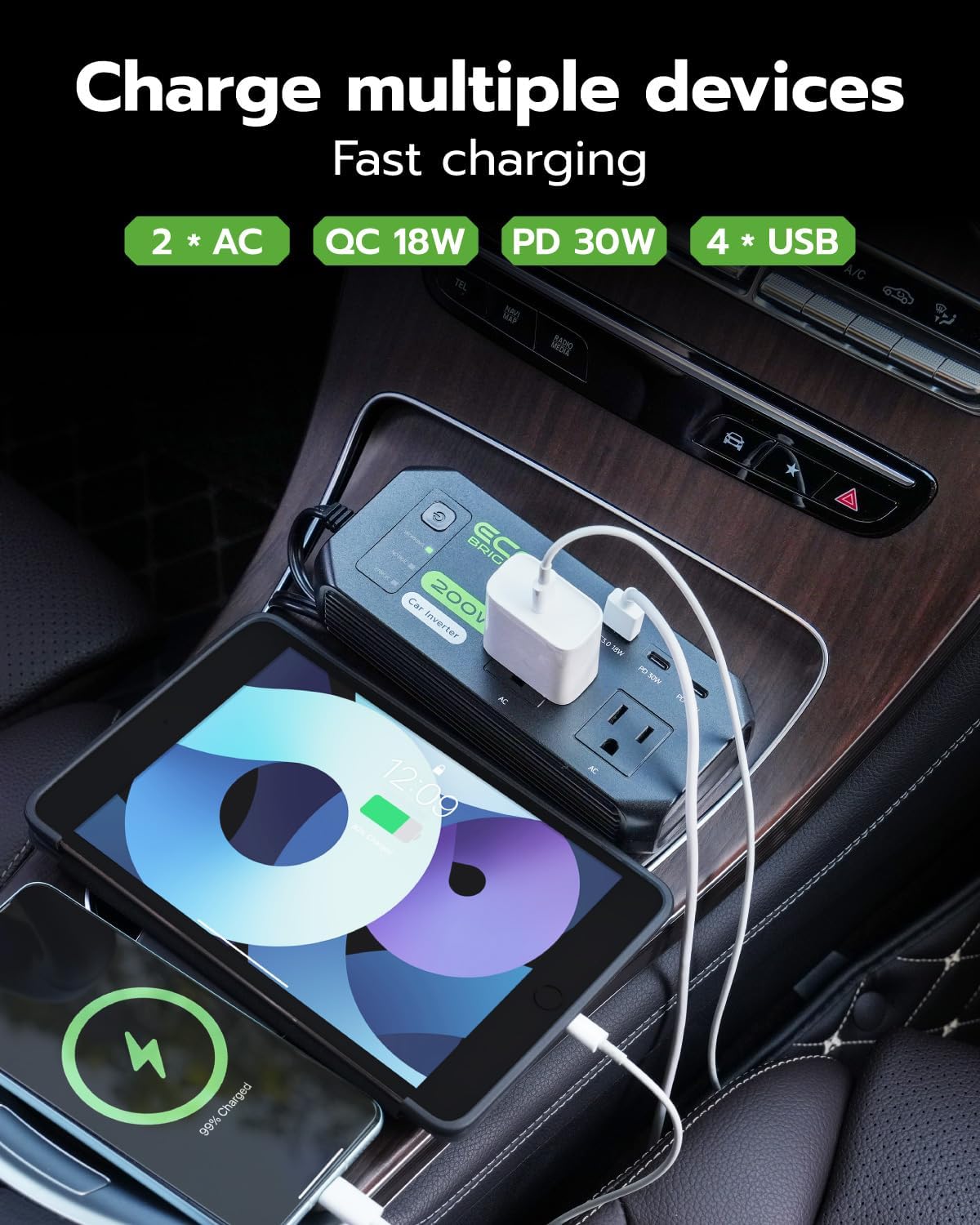 ecoBright 200W 12V 110V 30W 18W 2 12V Car Power Inverter DC to AC, USB-C & USB-A Fast Charging, AC Outlets for Laptop