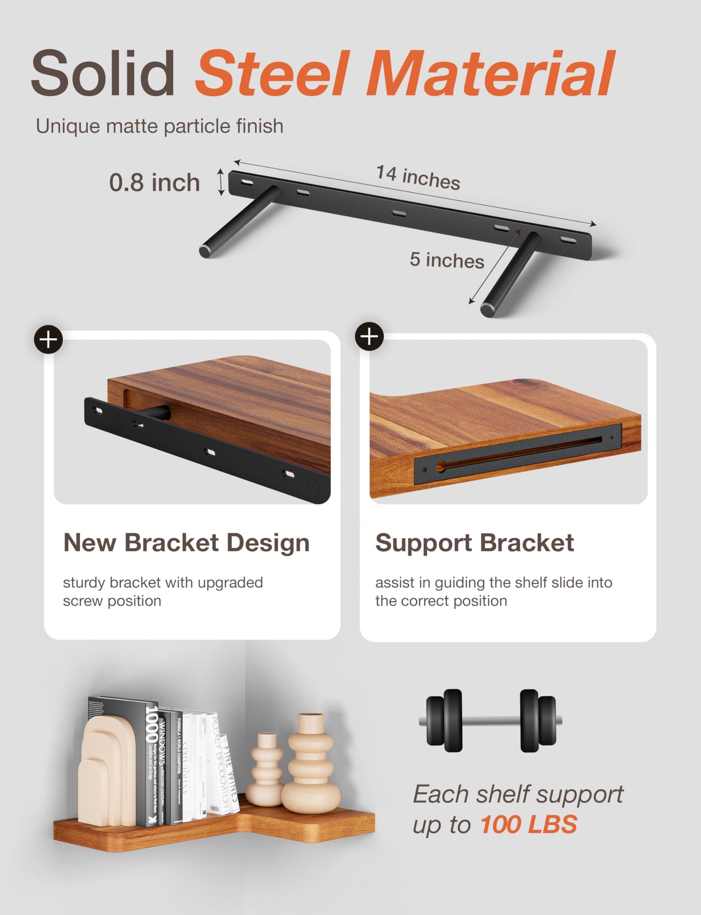 BATODA Acacia Wood Corner Floating Shelves 17" x 12"– Corner Shelf Wall Mounted - Floating Book Shelves for Wall - Brackets and Shelving Hardware Included for Kitchen, Living Room, Bathroom (Set 2)