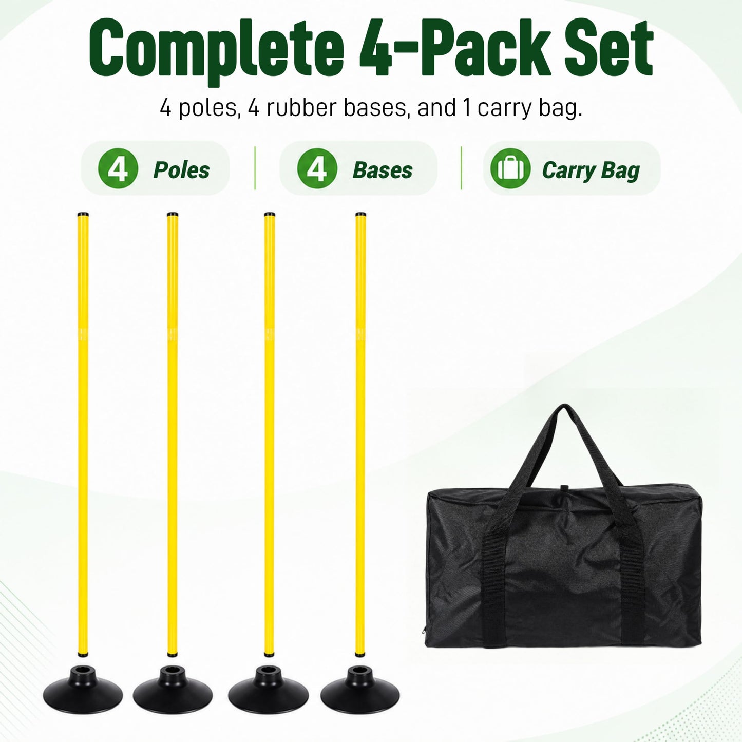 4 Pack Soccer Agility Training Poles, 5 FT Adjustable Speed and Agility Training Equipment for Football/Basketball/ Dog Practice, Bending Poles for Horses with Rubber Bases and Carry Bag (Yellow)