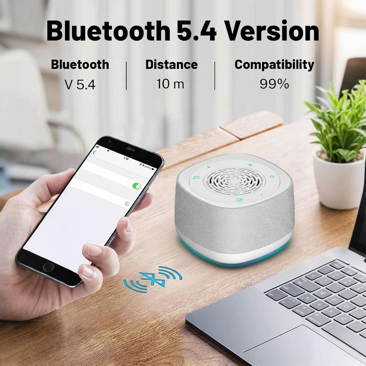 5.4, 14 1000mAh Sound Machine & Clock with Bluetooth Soothing White Noise Sounds, Night Light, Sleep Timer, Portable