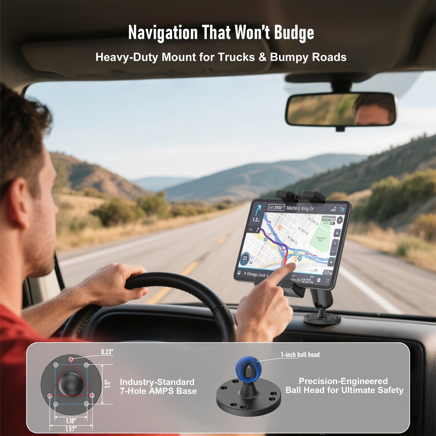 TeQable Industrial Tablet Mount for Truck&Vehicle, Heavy Duty Drill Base iPad Mount Holder for Car, Adjustable Aluminum Arm, Compatible w/ 4.7"-12.9" Devices, Perfect for Dashboard, Boats, Walls–Black
