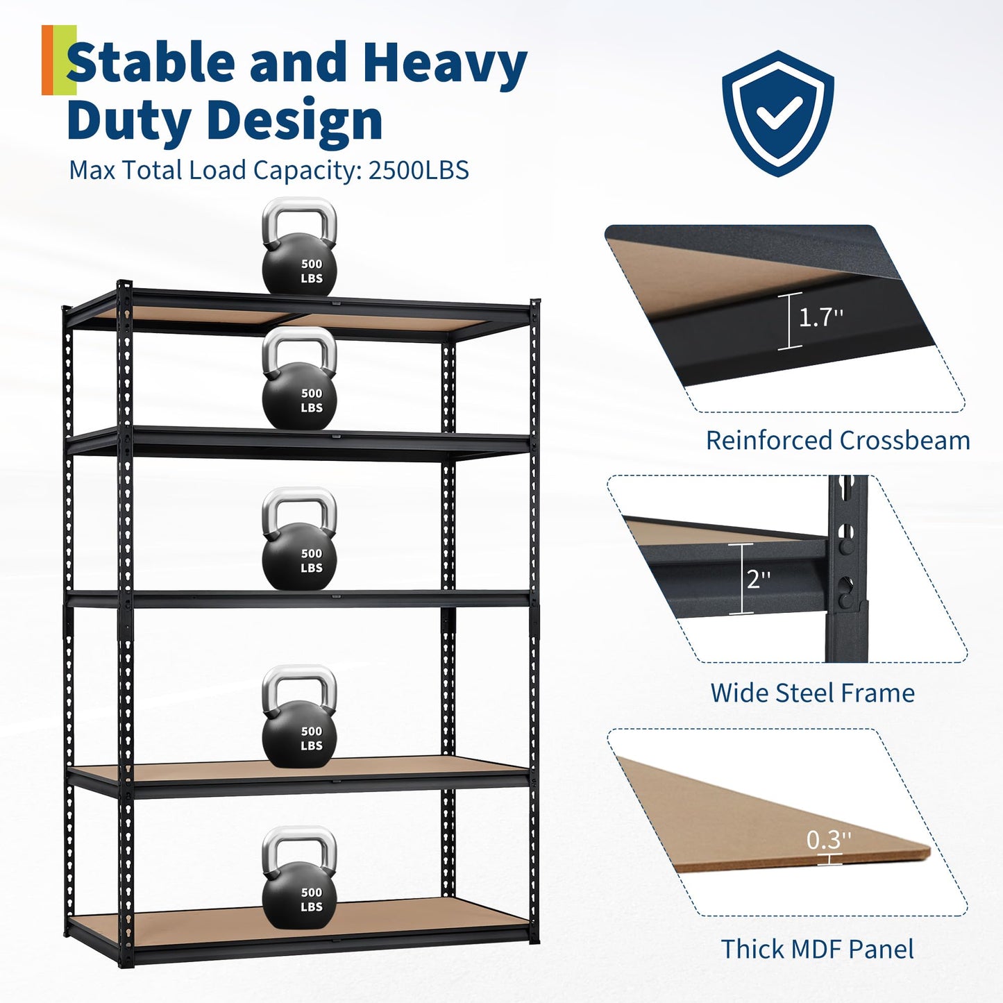 SierraSquad Storage Shelving Unit, 5-Tier Garage Storage Shelves, Metal Adjustable Storage Shelving for Kitchen Pantry Basement Bathroom Laundry, 2500 LBS, 48" L x 24" W x 72" H