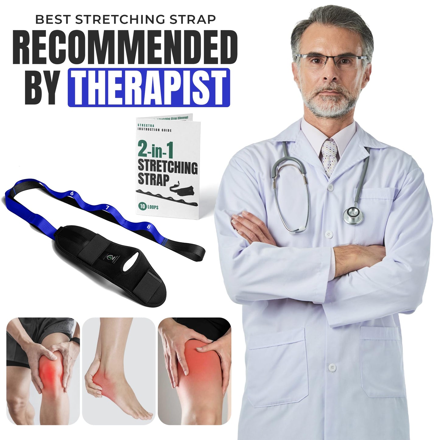 Stretch Strap with Loops Physical Therapy - Full Body Exercise Straps for Stretching with Detachable Foot - Leg & Calf Stretcher for Plantar Fasciitis, Physical Therapy, Pain Relief, and Flexibility