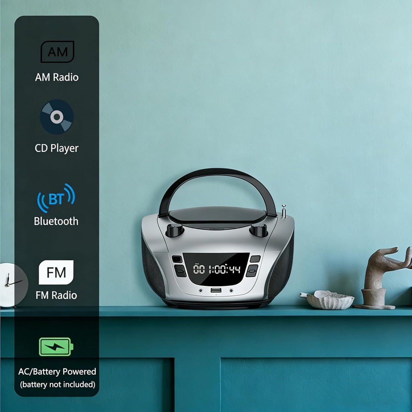 LONPOO MP3, Portable CD Boombox -FM & AM Radio, CD Player, Bluetooth, USB, AUX,Portable, Built-in Stereo Speakers
